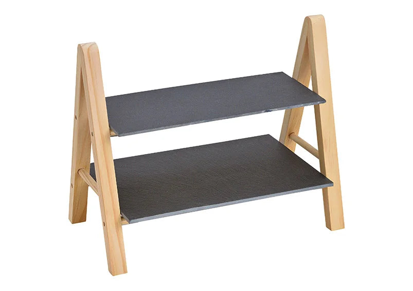 Etagere mit 2 Etageren aus Schiefer, Holz Schwarz
